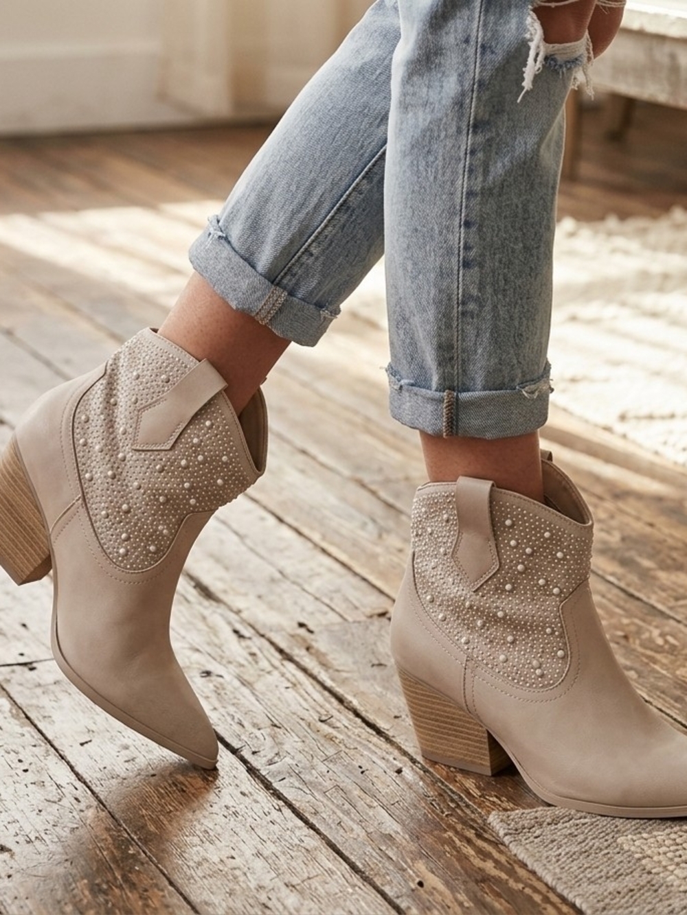 MIA Leuanne Creamy White Western Pearl-Embellished Ankle Booties Size 7M